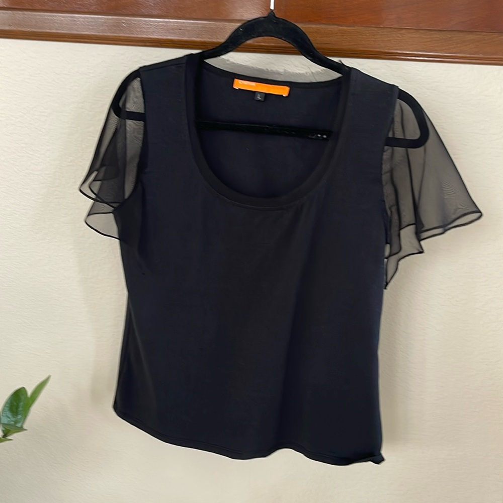 Cynthia Steffe Sheer Sleeve With Feather neckline in Black Size Large